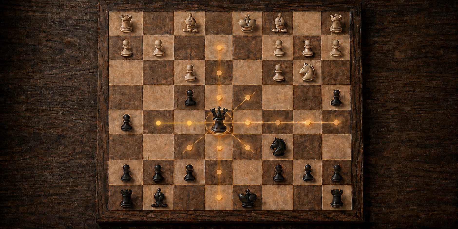 A chessboard with the black queen at the center and her possible moves lit in gold, the image used for the Detour Stories event listing.